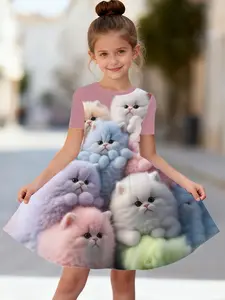 Girls' Printed Dress, New Arrival Cute Puff Sleeve Summer Princess Dress, Casual Loose-Fitting Graphic Dress for Kids