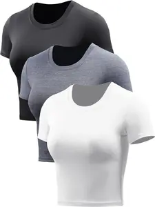 CADMUS Women'S Dry Fit Crop Top Yoga Short Sleeve Shirts Crew Neck Athletic Running Tee 3 Pieces