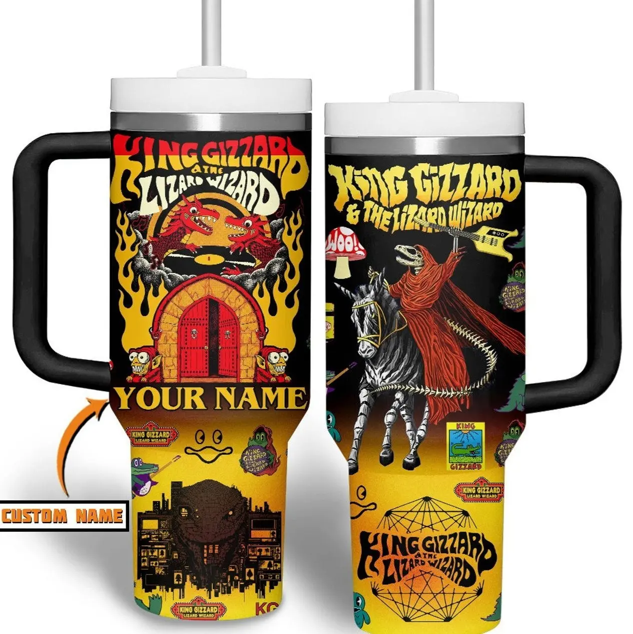 Custom Name Psychedelic Lizard 40oz Tumbler with Handle | Personalized Psych Rock Music Travel Mug | Sci-Fi Jam Band Gift