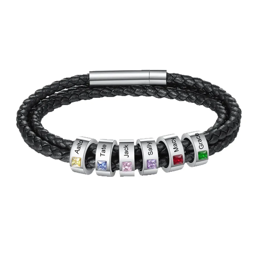 AS612 Men's Custom Engraving Name Black Leather Rope Beaded Bracelet - DIY Birthstone Woven Fashion Bracelet Wristband, Father's Day Jewelry Gifts