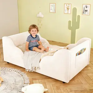 Toddler Floor Bed with Storage Bag,Kids Bed for Girl and Boys,Compatible with standard US toddler mattresses ,Safety Upholstered Child Beds for 1-6 Years Old,Beige