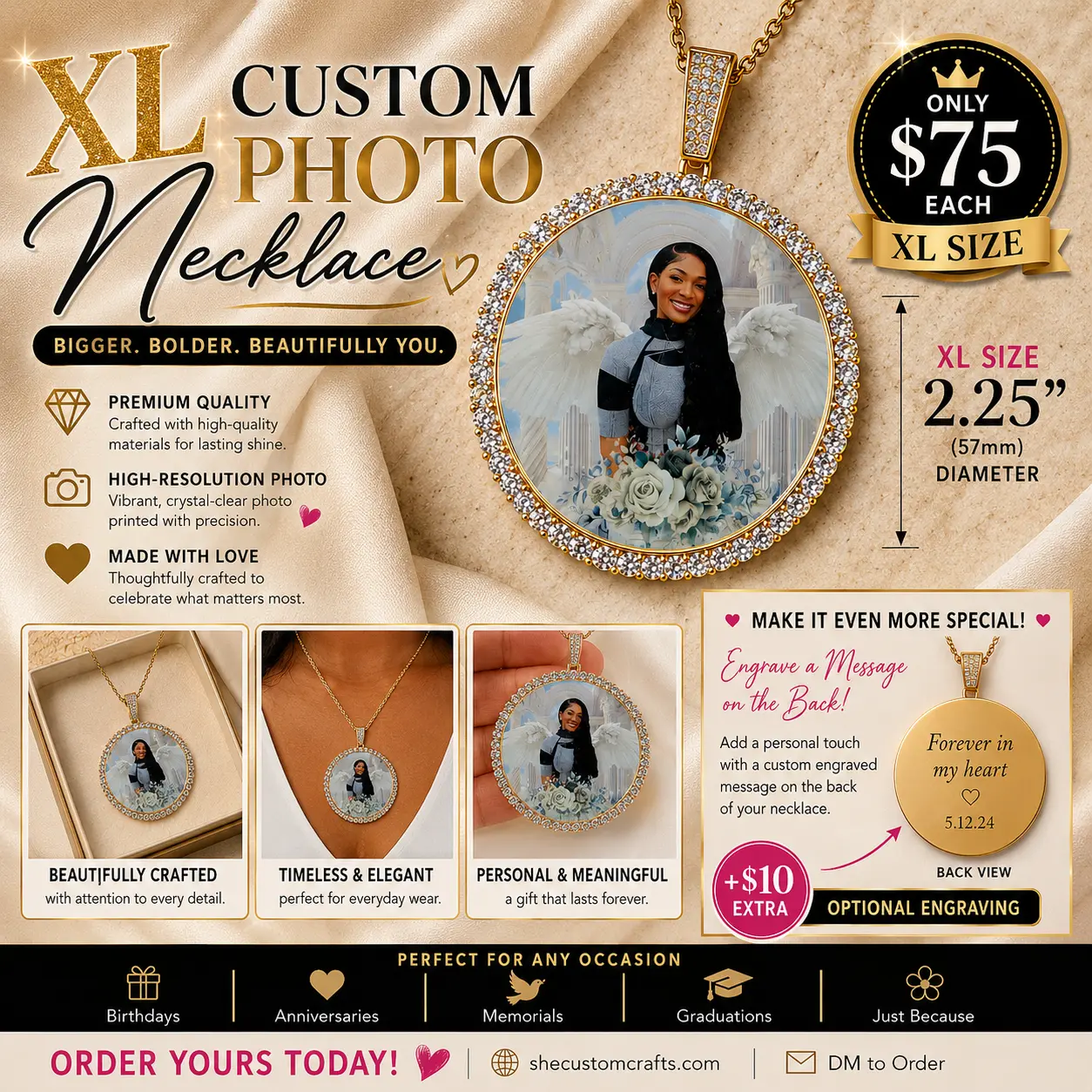 XL Custom Photo Medallion Necklace | Personalized Picture Pendant | Optional Back Engraving