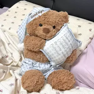 Good Night Teddy Bear Plush Doll, Cute Sleepy Bear with Pillow, Soft Brown Stuffed Animal Bedtime Gift for Kids Girls