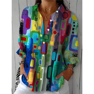 Women's long sleeved shirt - Non transparent colorful abstract pattern top for office and daily casual wear - Spring/Autumn/Summer clothing, opaque fabric Polyester Womenswear