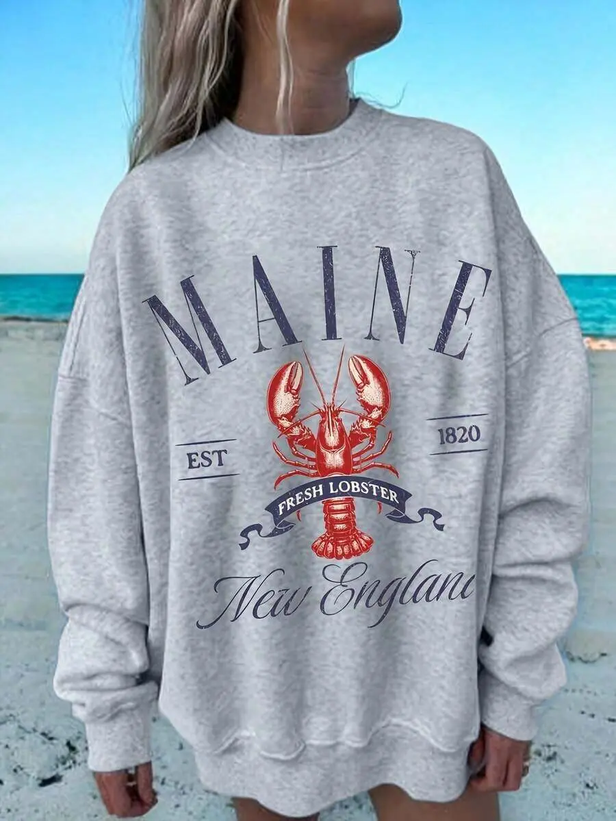Maine Lobster Print Sweatshirt, Gray Crew Neck Long Sleeve Pullover, Cozy Casual Top for Autumn Winter, Perfect for Valentine's Day, Spring, Summer Outfits