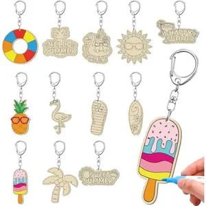 24 Pcs 12 Styles DIY Color Your Own Wooden Blank Keychains, Summer Party Craft for Sunday School Classroom Home, Ideal Party Favors Gifts