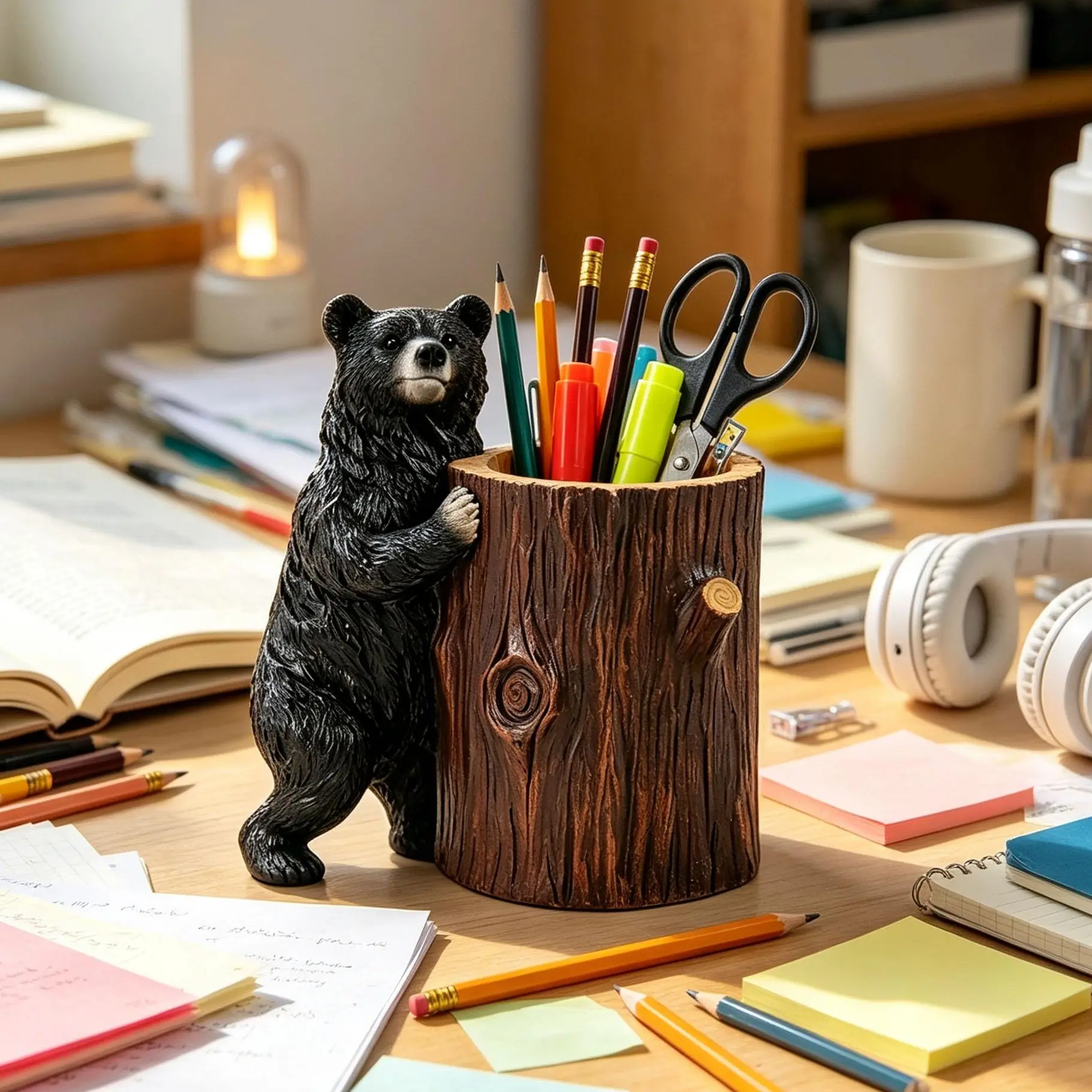 Rustic Cabin Tree Stump Pen Holder, Hand Painted Resin Wildlife Desk Organizer, Farmhouse Lodge Decor Pencil Cup for Office Table Countertop