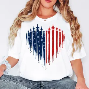 Air Forc Wife Shirt, Patriotic Heart Jet Tee, Homecoming Gift, USA Flag Jet T-Shirt, 4th of July Flight Top, Red White and Blue Heart