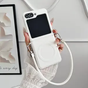 Magnetic Leather Smartphone Case with Lanyard Strap, Compatible with Samsung Galaxy Zflip7/6/5/3/4, Stylish Protective Cover