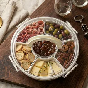 Stackable Divided Serving Tray Set with Lid, Handle, and Portable Spinning Rounded Design – Kitchen Organizer for Fruits, Candy, Veggies – Ideal for Party, Picnic 1 PACK Multipurpose Rotating Snack
