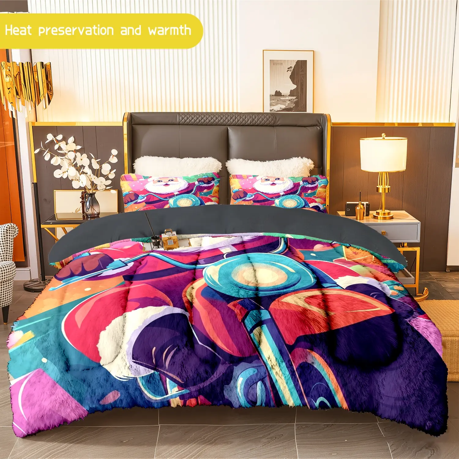 3pcs (1 comforter + 2 pillowcases) Santa - Motorbike Flannel & Milk Velvet Comforter Set, Soft Warm Cozy Bedding Set for Adults, Trendy Plush Bedding Essentials