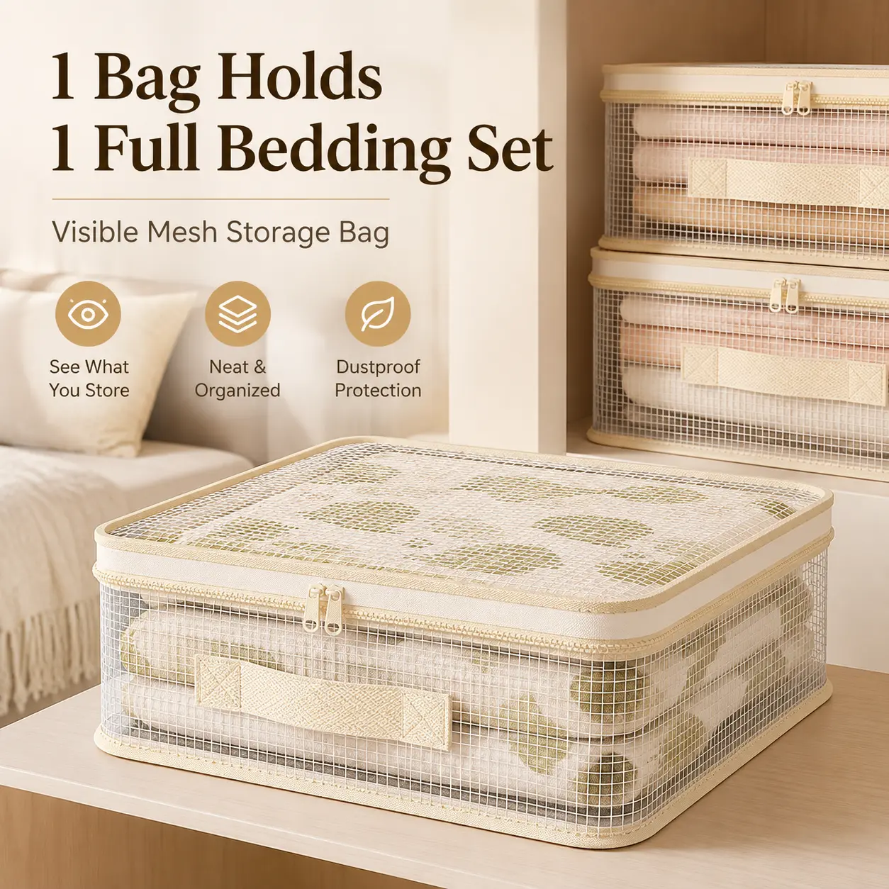 Large Capacity Visible Mesh Bedding Storage Bag, Zippered Closet Organizer for Comforters, Blankets, Sheets and Clothes, Dust-Resistant Stackable Carry Bag