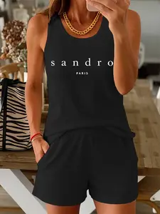 Women's Summer Casual Two-Piece Set, Fashion Sleeveless Top with Sandro Paris Letter Print, Comfortable Beach Vacation