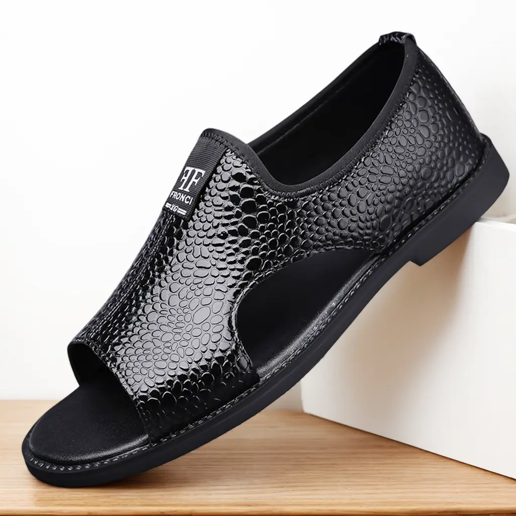 Men's Stylish Croc Embossed Flat Sandals for Seniors - SpringTok Summer Footwear, Lightweight Casual Shoes, Rubber Sole, Korean Street Design, Black/Brown/Tan