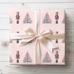 Pink Nutcracker Christmas Wrapping Paper - Watercolor Nutcracker Soldiers Xmas Trees Gift Wrap, Preppy Wrapping Paper Roll Pastel Presents