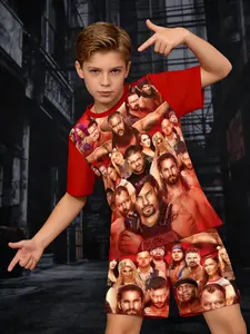 Boys' Colorblock Wwe Wrestling Star Print Short Pants, Casual Summer, Party Vacation School Wear, All over Print Design