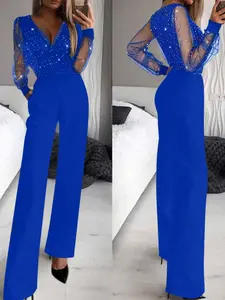 Women's fashionable and sexy black mesh sequin patchwork deep V-neck long-sleeved one-piece slimming wide-leg trousers, suitable for spring and autumn