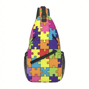 A Vibrant Crossbody Chest  Designed for Hiking, Featuring a Colorful Puzzle Piece Pattern. This Spacious  Stylish Shoulder  Is Foldable  Made to Last, Perfect for Shopping, Work, Leisure Travel, Beach Outings bag and