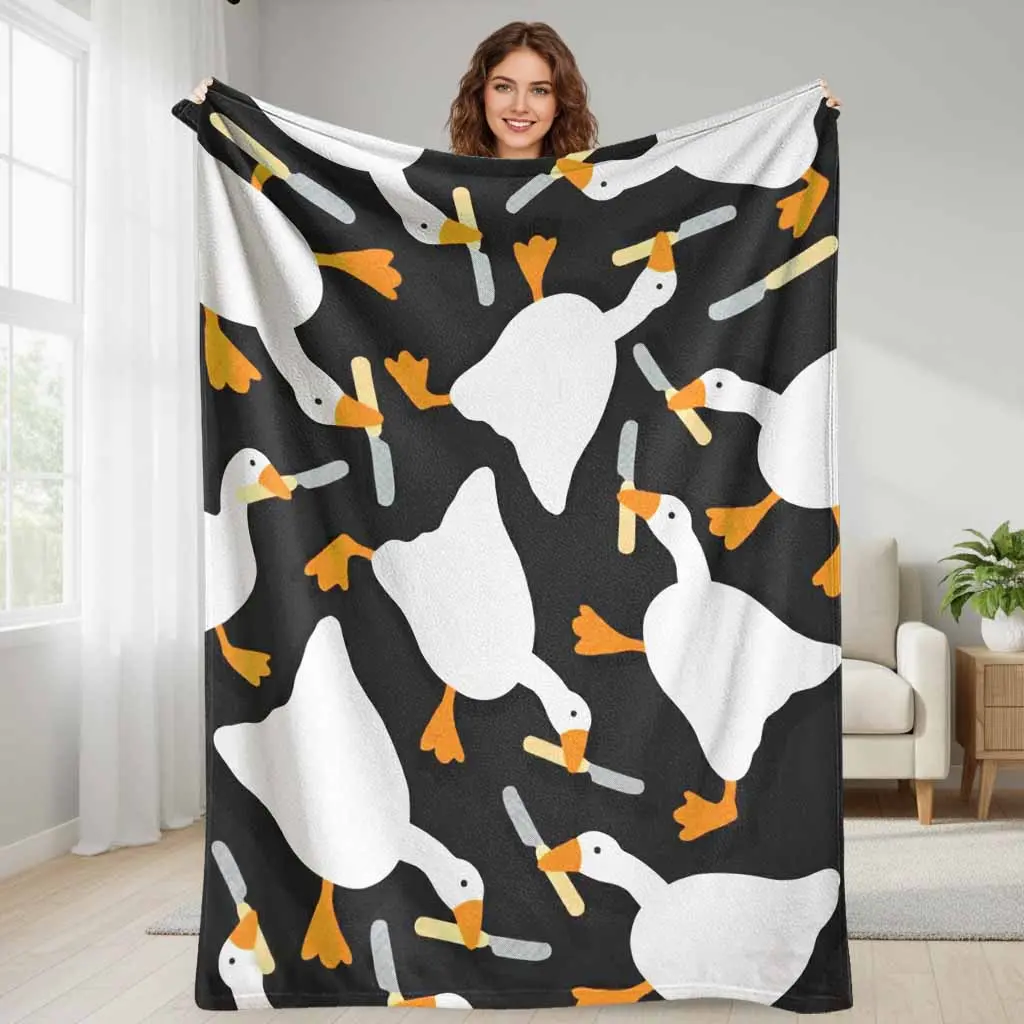 Summerwins Anti-Pill Flannel Animal Print Blanket - Durable, Breathable, Wrinkle-Resistant, Soft Warm Lightweight Cozy, Multi-Size White Goose Print on Black Background, Throw for Sofa, Home Decor, Daily Office Life