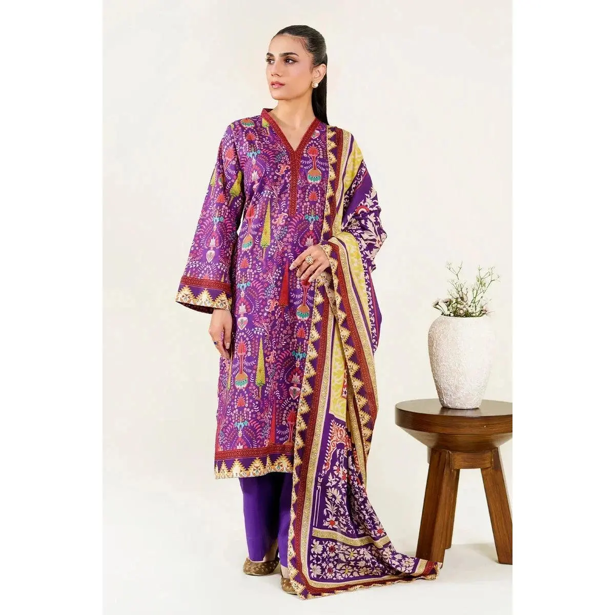 Women's 3-Piece Lawn Suit, Ready to Wear Lavender Printed Clothes | Breathable Shirt and Trouser Set with Dupatta for Elegant Style, Elegance
