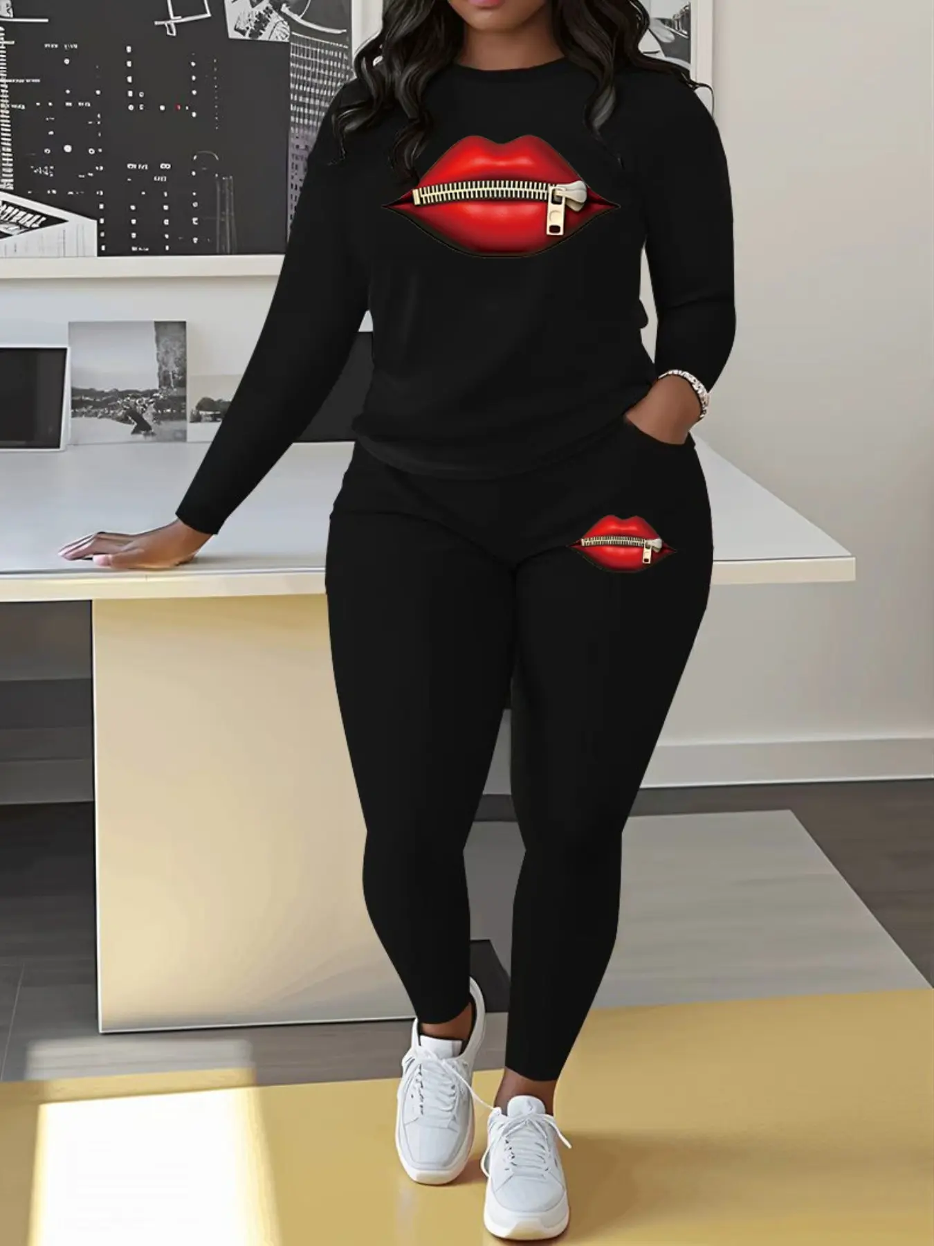 Women's Fall Winter Fitted Plus Size Long Sleeve Zipper Print Casual Pocket Jogger Pants Set Casual Loungewear Set, Elegant Creative Lips Design