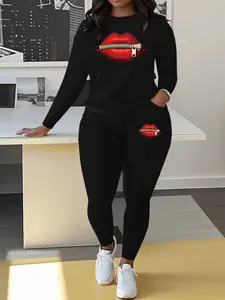 Women's Fall Winter Fitted Plus Size Long Sleeve Zipper Print Casual Pocket Jogger Pants Set Casual Loungewear Set, Elegant Creative Lips Design