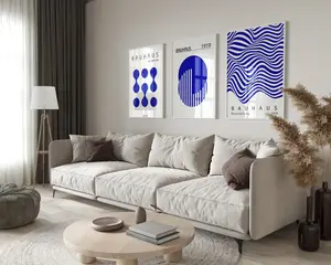 Personalized Blue Bauhaus Set of 3 Poster Print, Minimalist Retro Wall Art, Bauhaus Exhibition Poster, Modern Mid Century Printable Art, Digital Download, Printable Wall Art, Bauhaus Home Decor, Set of 3 Prints, Geometric Wall Art, Gift for Husband 1419