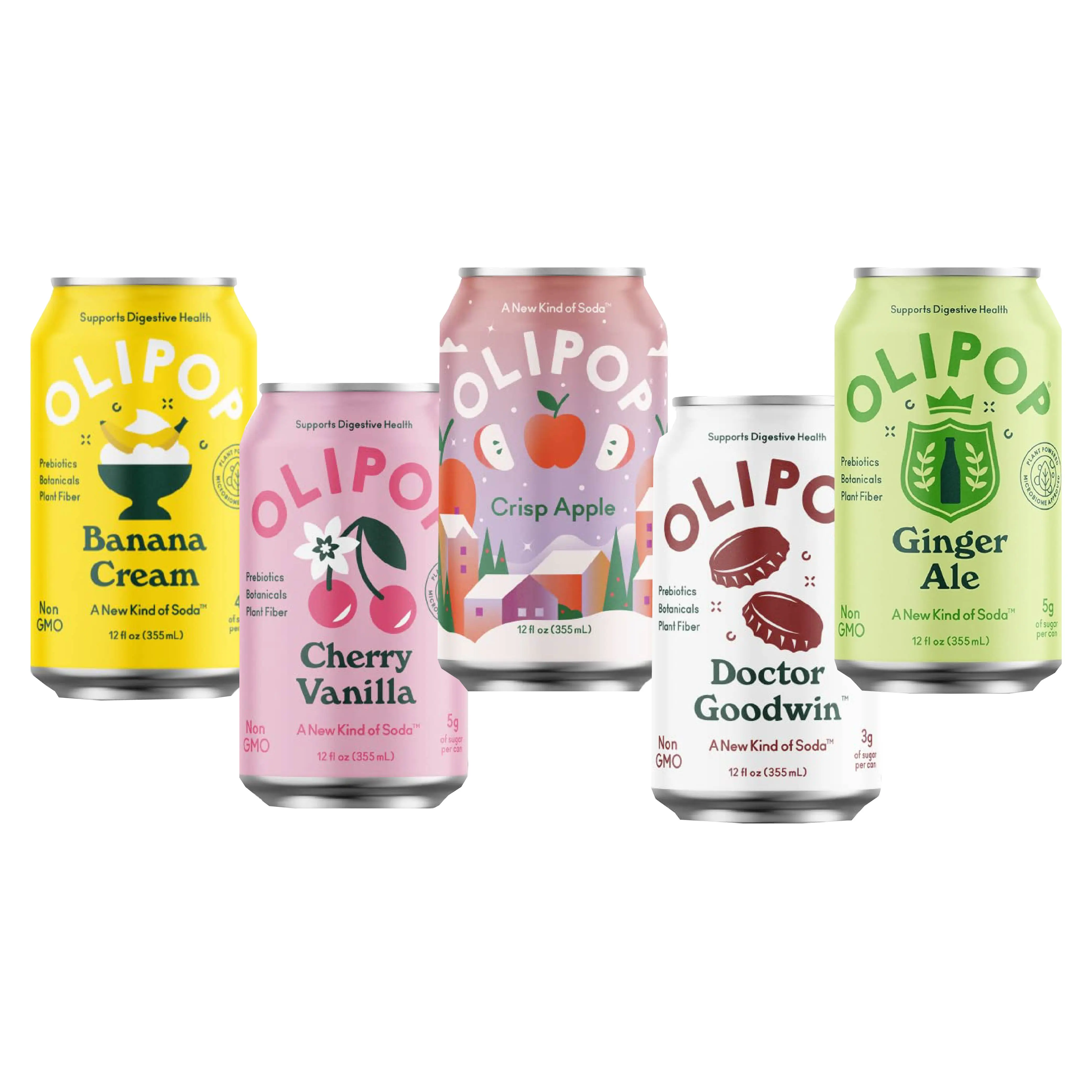 OLIPOP Crisp Apple, Banana Cream, Cherry Vanilla, Doctor Goodwin, Ginger Ale, Prebiotic Soft Drinks, Supports Digestive Health & Gut Health, Plant Fiber, Low Calorie, Low Sugar, Vegan |12 oz| |6-Pack| bundled by OMNICOAST GOODS, OCG  Sweet Beverage