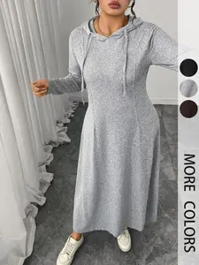Plus Size Women's Hooded Knit Sweatshirt Fitted Dress, Elegant Casual Comfortable Wear, Perfect for Dates, Travel, Gatherings, Any Occasion