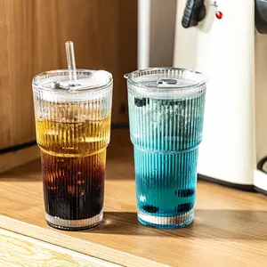 Glass Drinkware Multi Combo Set 8 Pack Ribbed Glass Cups 8 Lids 8 Straight Straws 2 Brushes 4 Pack Unribbed Glass Cups 4 Straws 4 Wooden 4 Plastic Lids 2 Brushes 1 Cup Brush For Home Gift