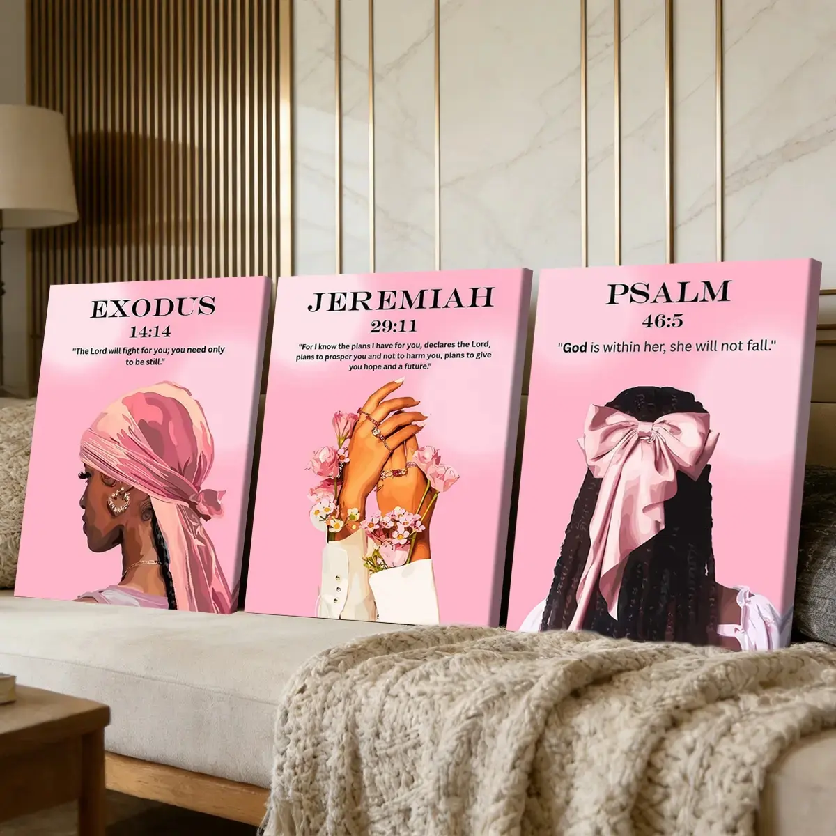 3 Counts Wooden Framed Canvas Painting, Pink Faith Inspirational Art Prints, Picture Prints, Religious Prints, Living Room Decoration, Modern Art, Wall Art Decoration, Waterproof Art, Home Wall Decor, Decoration Items