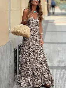 Women's Leopard Print Halter Neck Dress, Fashion Casual Loose Fit Sleeveless Ruffle Hem Dress for Daily Holiday Vacation Wear, Ladies Dress for Spring & Fall