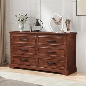 LINGMU Vintage 6 Drawer Dresser Classic Wooden Brown Chest of Drawers 52" Storage for Bedroom & Living Room Home Decor