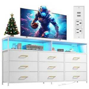 RaybeeFurniture Dresser with LED & Charging Station, TV Stand with 9/10 Fabric Drawers & Open Shelves for Bedroom, Living Room, Storage Cabinet, 55"W x 11.8"D x 35.4"H