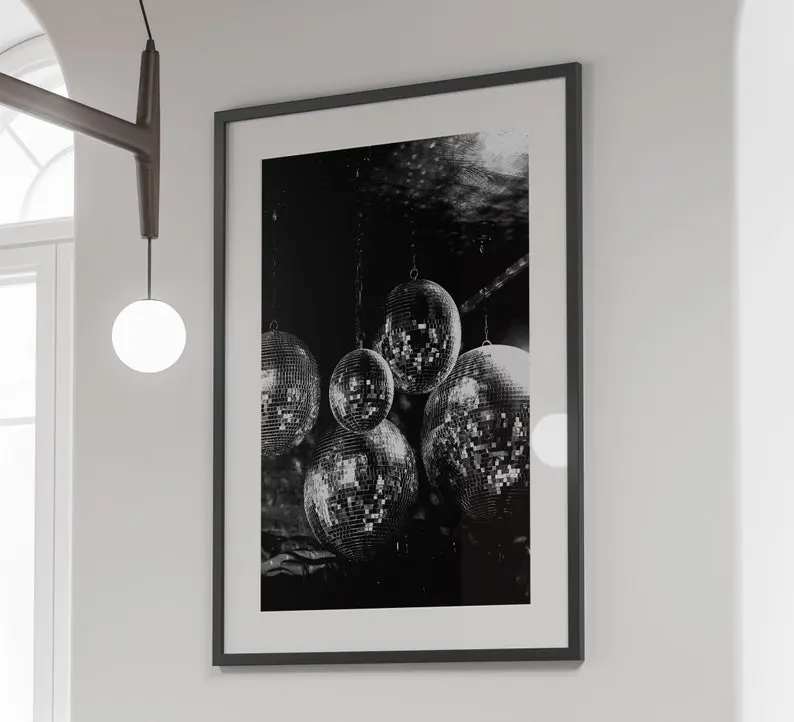 Retro Disco Ball Print, Black and White Wall Art, Funky Disco Ball 70s Poster, Bachelorette Party Decor, Mirrorball Poster