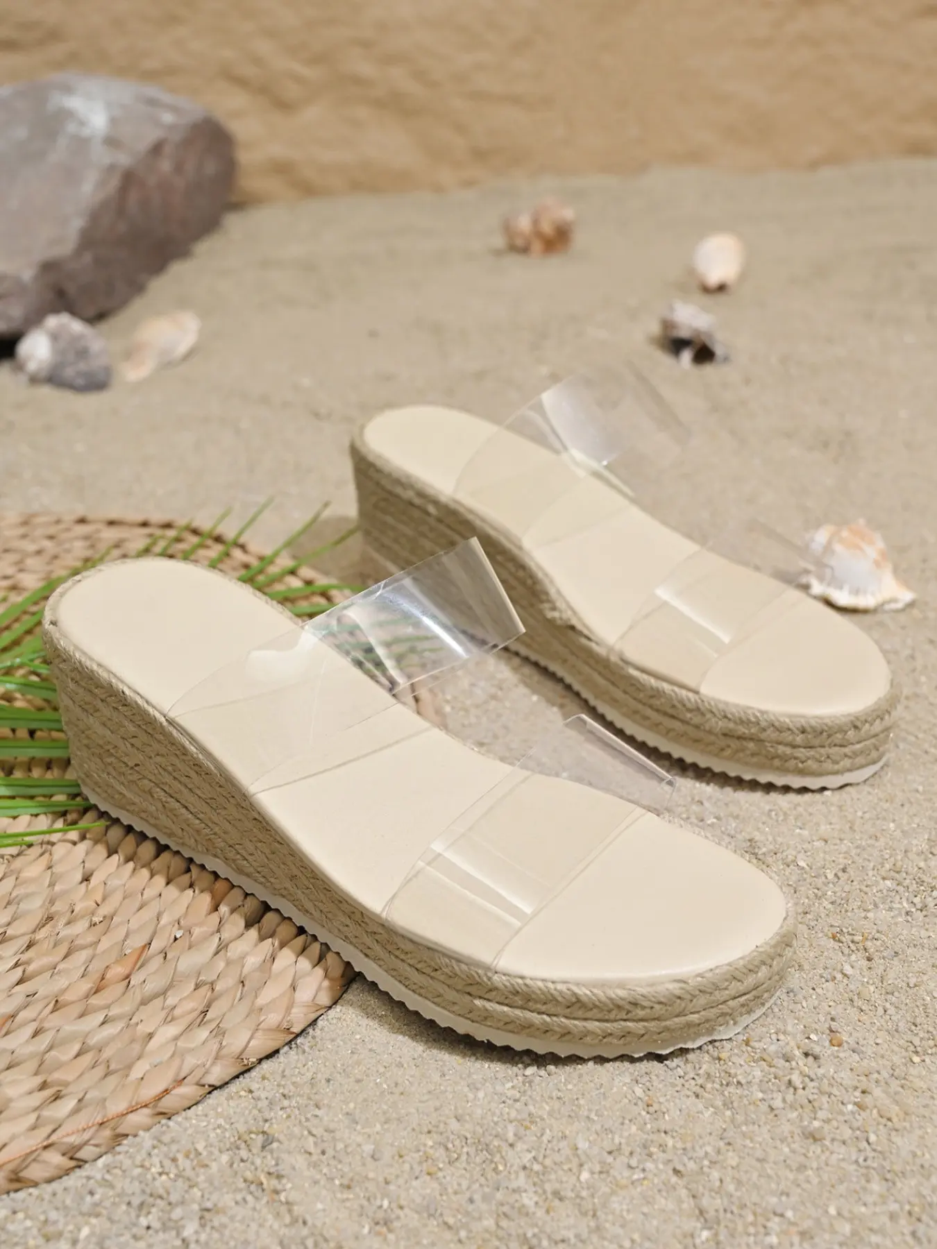 Summer New Fashion Transparent High Heel Waterproof Platform Open Toe Thick Sole Slip-On Sandals, Elegant Minimalist Sandals for Women, Medium Width, PU Material