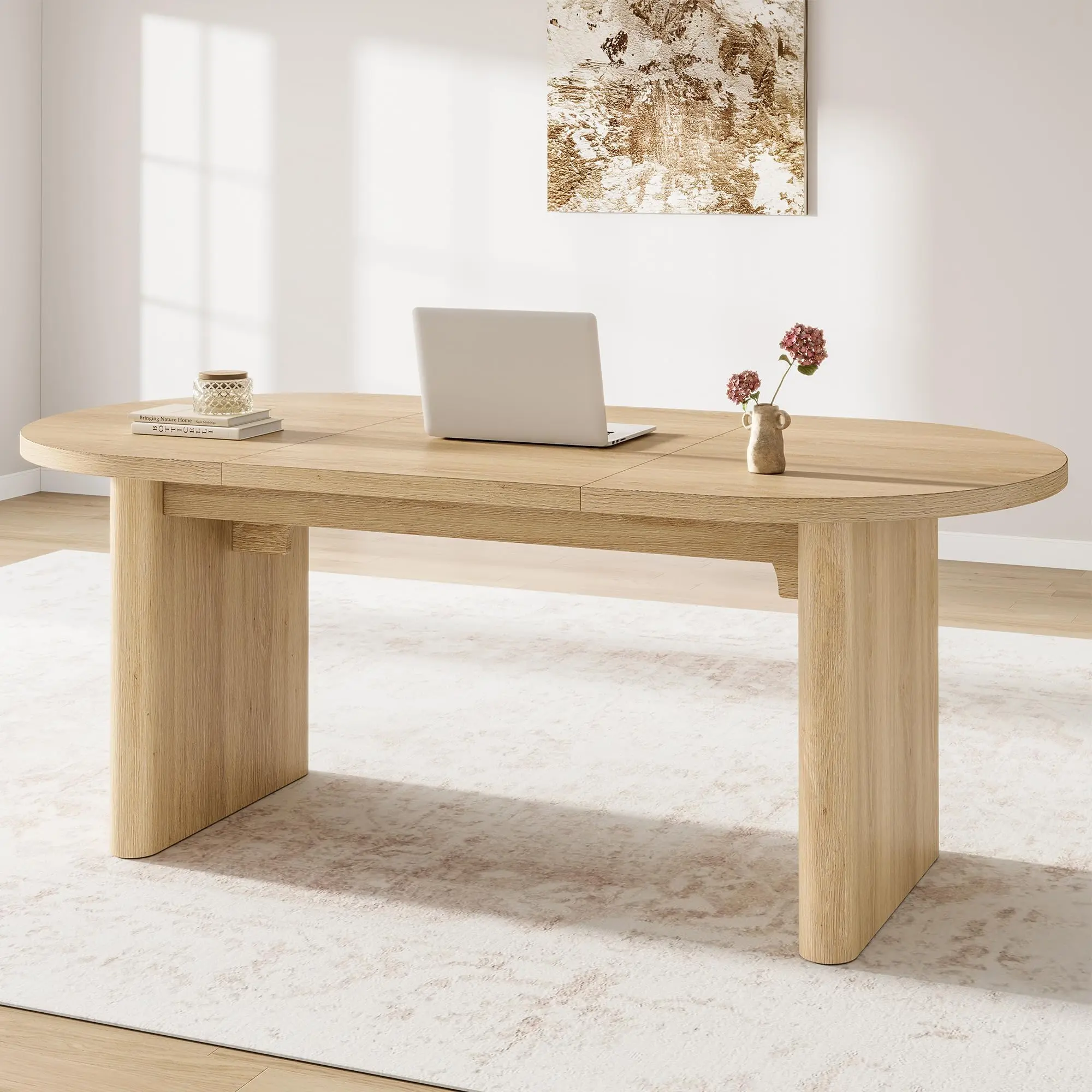 Garvee Elegant 70.8'' Oval Farmhouse Dining Table for 6-8 – Rustic Modern Kitchen Table with Sturdy Wood Double Pedestal, Easy Assembly, Water Resistant for Dining, Living Room, Office – Natural Wood Finish