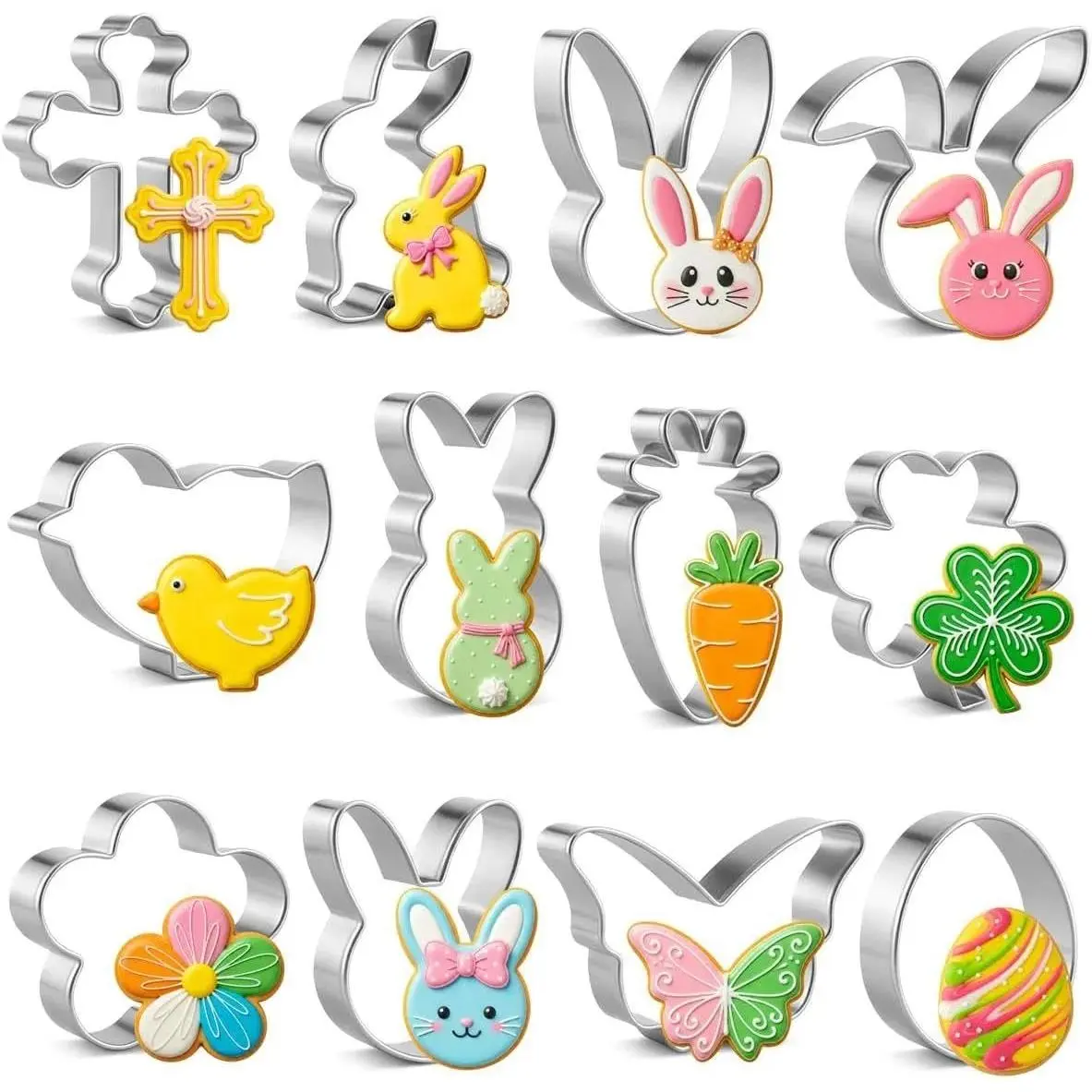 12-Piece Easter Cookie Cutters Baking Set - Kitchen Bakeware Utensils with Carrot, Bunny Face, Leaf, Egg, Flower, Butterfly Shapes, Smooth Rolled-Top Edges, for Holiday Party Supplies, Decorating Cakes, All Ages