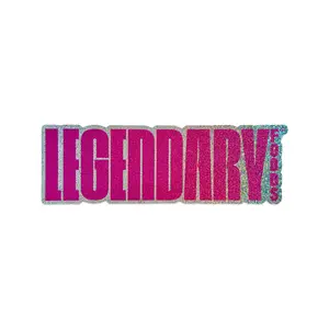 Legendary Die Cut Sticker 8" x 2.63" Magenta Legendary Foods Logo Glossy Finish Metalized Vinyl Chunky Glitter Look Permanent Adhesive