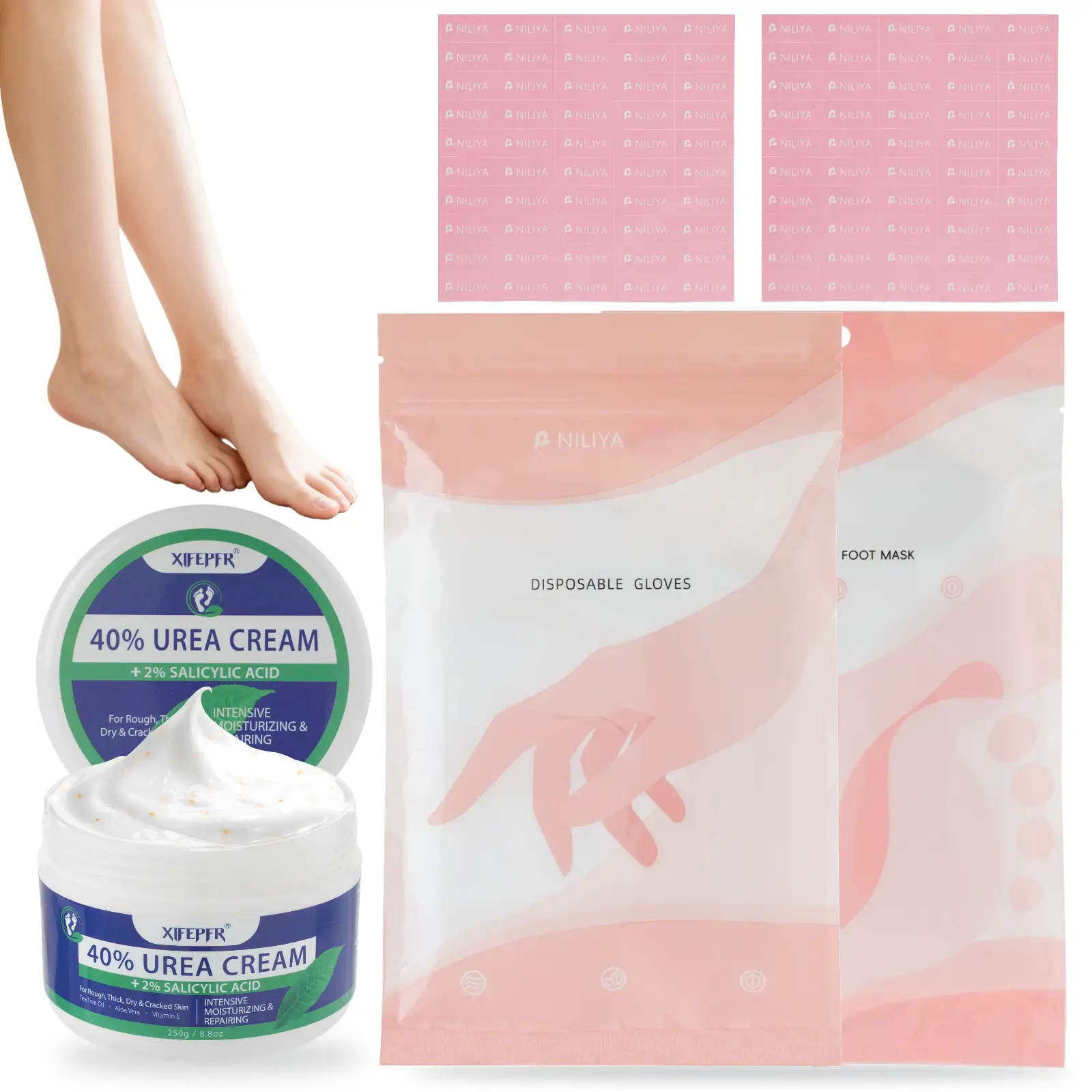 XIFEPFR Hand & Foot Spa Moisturizing Treatment Set | 40% Urea + 2% Salicylic Acid Cream for Overnight Intensive Repair, Hydrates & Heals Rough, Dry, Cracked Skin ,Includes Disposable Gloves & Socks