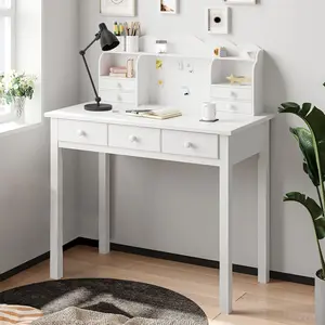 Solid Pine Wood Legs Writing Desk with 7 Drawers White