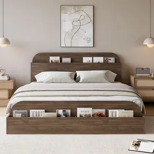 Garvee Queen Size Wooden Bed Frame with Storage Headboard, Elevated Feeding Table, Low Platform Design, and Slat Support for Bedroom