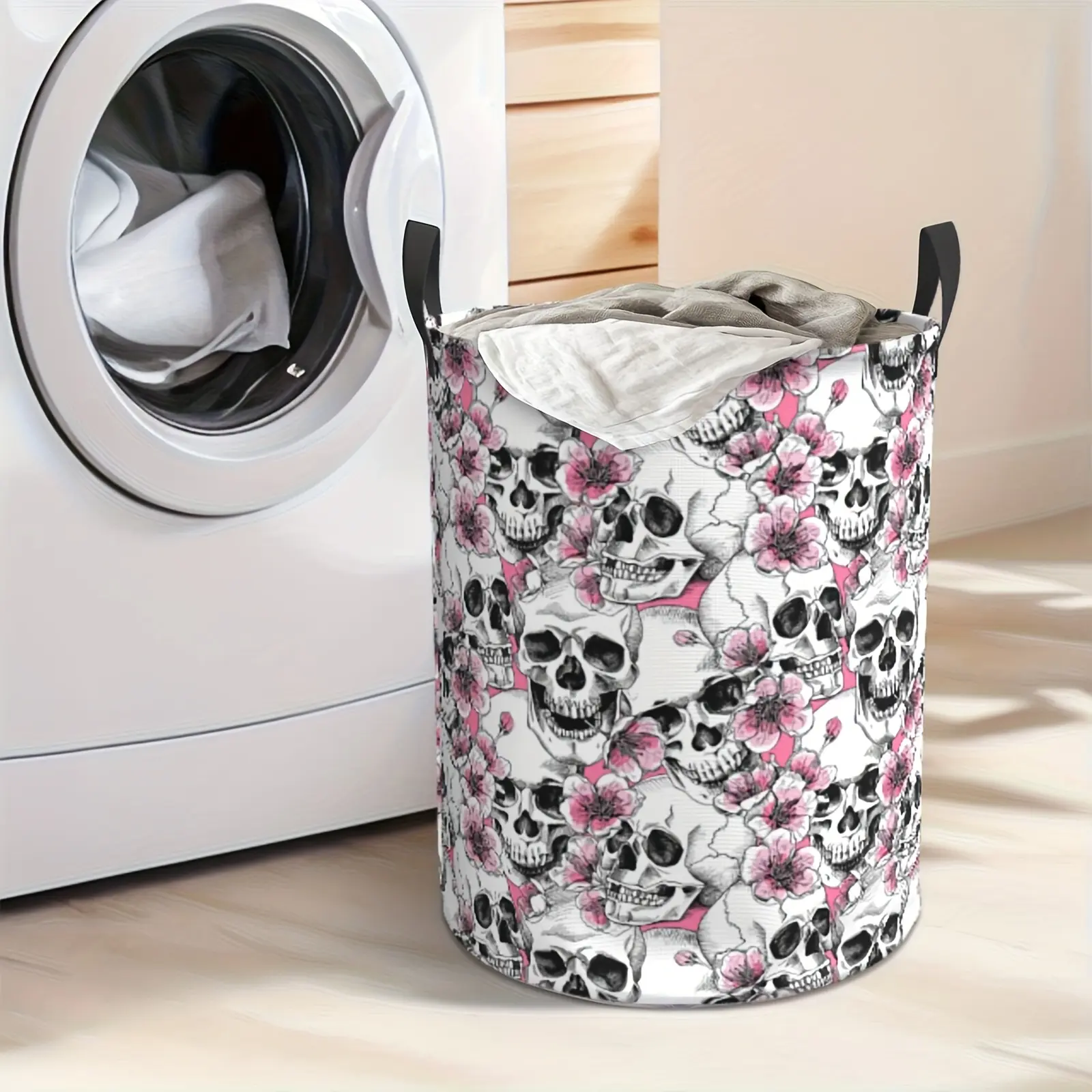 Round White Circular Skull and Floral Pattern Foldable Oxford Cloth Laundry Basket - Polyester Blend, Contemporary Design, Sturdy Handle, Large Capacity, Durable, Spacious Interior, Suitable for Indoor Bedroom, Bathroom Organization of Toys, Clothing