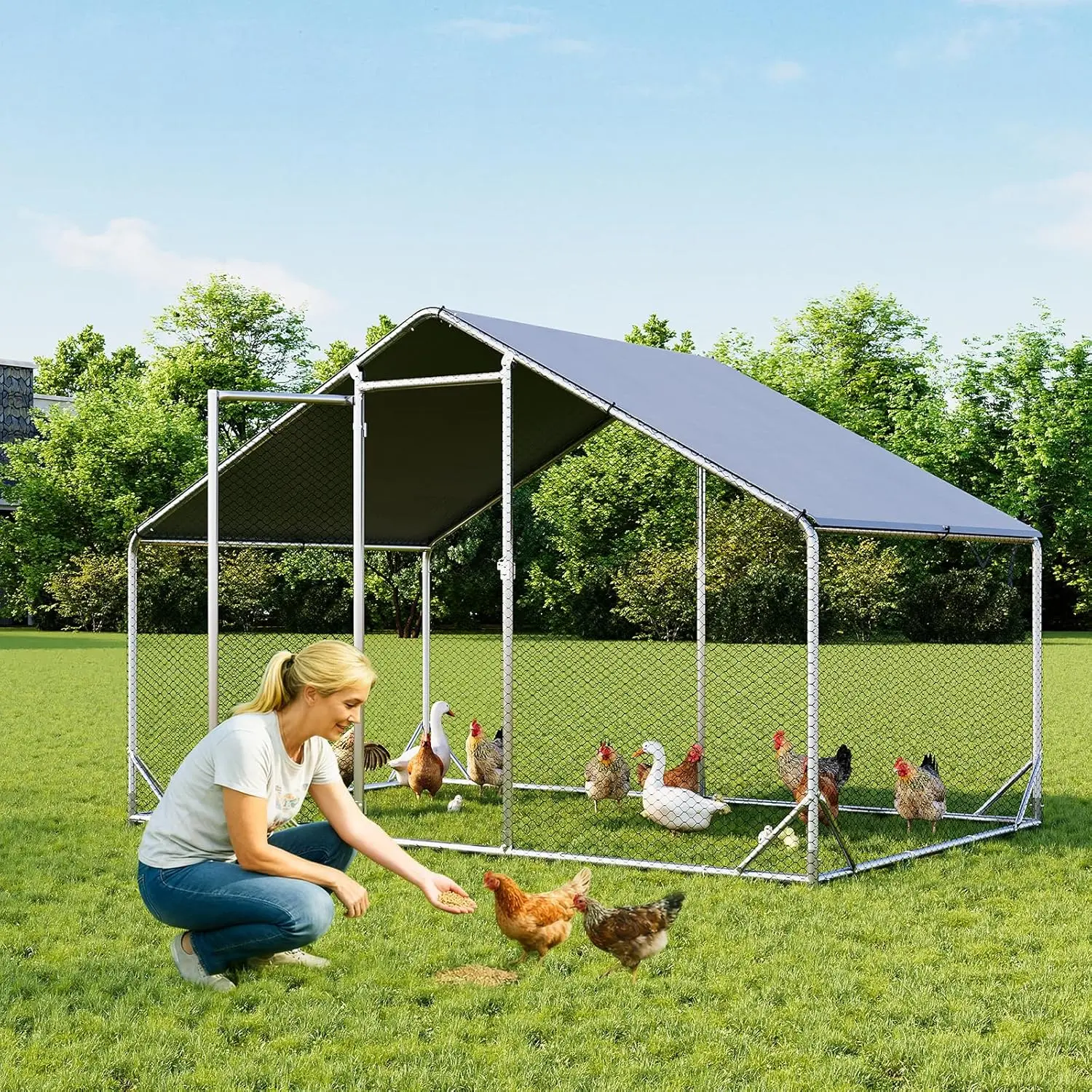 Aoxun Metal Chicken Coop, Outdoor Walk-In Run with Cover, Spire Roof Hen House Enclosure, Secure-Lock Farm Animal Poultry Cage