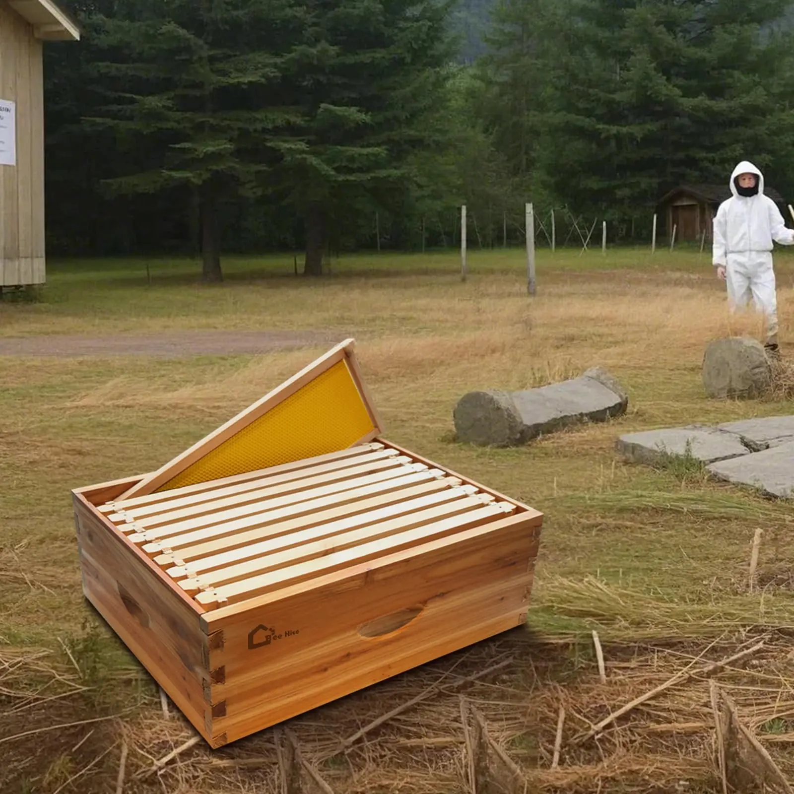 Gaomon 10 Frame Bee Hive Box, Medium Wax Coated Honey Super Bee Hive Kit with Frames and Foundations Sheets for Beginners Beekeepers