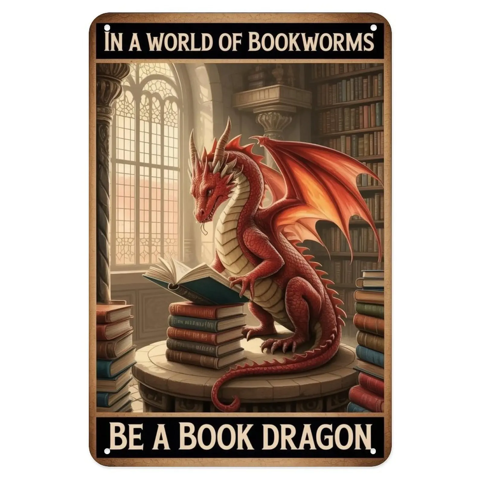 Book Dragon Tin Sign, Vintage Wisdom Book Dragon Metal Sign Print Aesthetic Room Decoration for Home Bedroom Kitchen Bar Coffee Bathroom Indoor Outdoor Wall Decor, 8 X 12 in