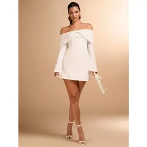 Women's Autumn Off-Shoulder Long Sleeve Bowknot Decor Cocktail Dress For Party, Date Night Summer Outfits For Women/Spring Clothes/Valentine's Day Outfit/Carnival/Beach Vacation Outfits,White Graduation Dress,Valentine's Day,Valentine Outfits Fo grad