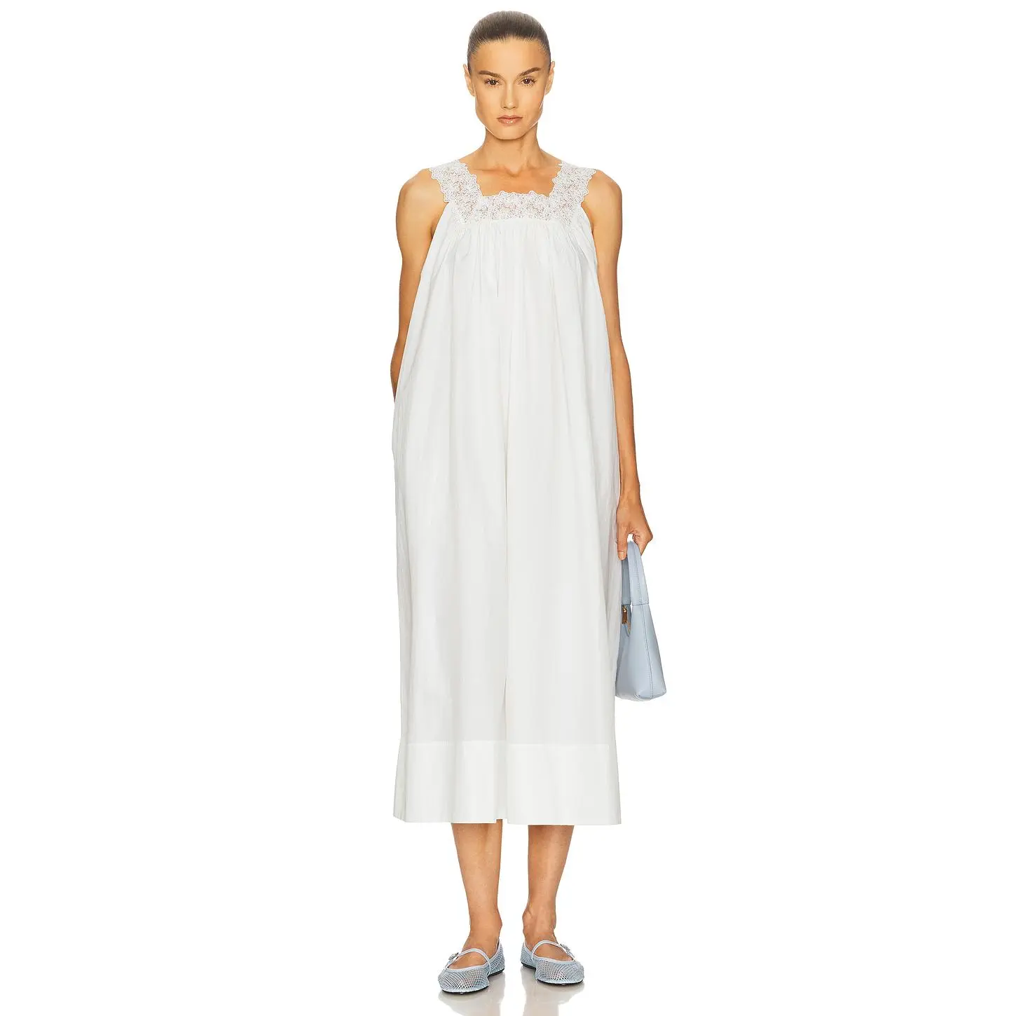 Helsa Midi Dress With Lace in Tech Poplin in White