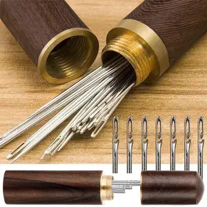 30PCS Hand Sewing Needles with Wooden Storage Case - Long Stainless Steel Self Threading Needles for DIY Sewing, Fabric Mending, Embroidery & Household Craft Projects