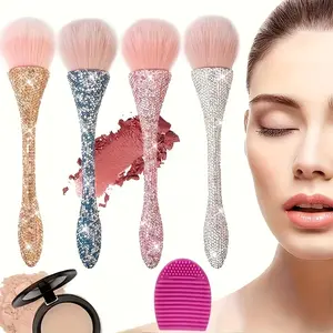 Rhinestone-Encrusted Blush & Powder Brushes,  (White/Pink/Blue/Gold), Gradient Pink Bristles
